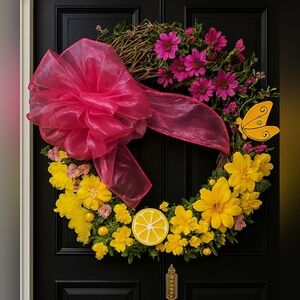 Pink Yellow  Wreath Yellow Roses, Petunia, Lemons, BumbleBee 24 Inch Grapevine
